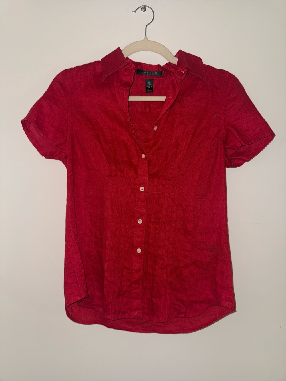 100% Linen Lauren Ralph Lauren Short Sleeve Button-Up Shirt - Red